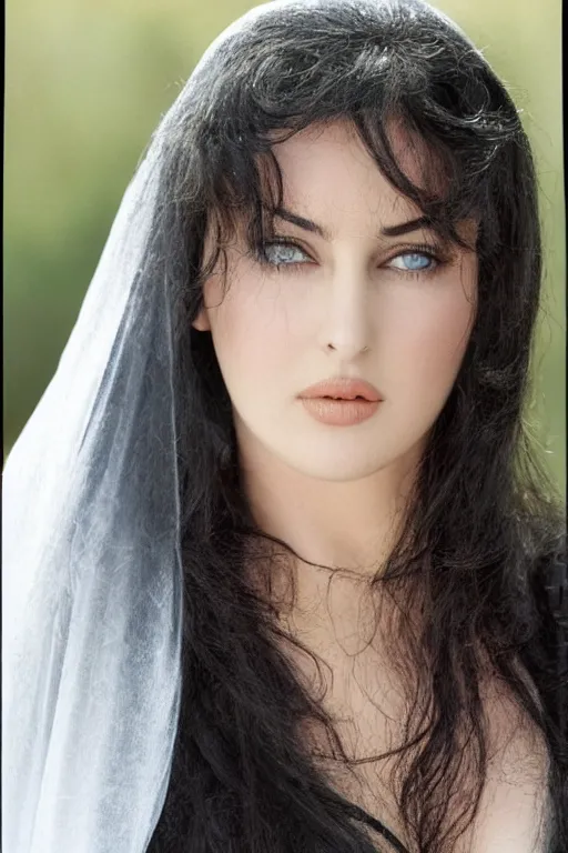 Image similar to young arab Monica Bellucci, blue eyes, long wavy black hair, white veil, closeup, focus, colored, middle eastern