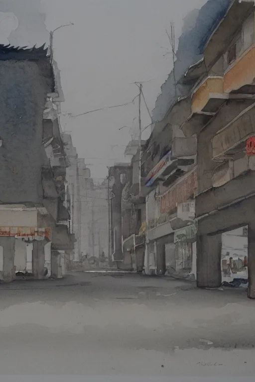 Image similar to A watercolor depicting an empty Wujiaochang, no people, gloomy weather, high contrast, smooth, by Joseph Zbikowicz, 8k