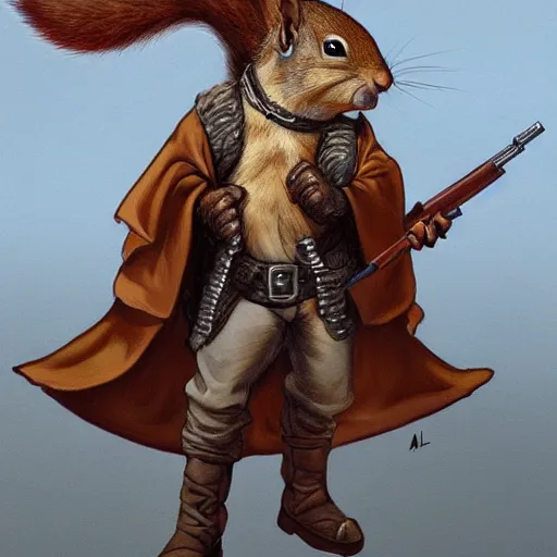 Image similar to a dnd character, a squirrel wizard holding a gun, by Alex horley