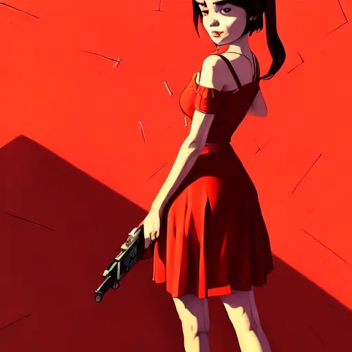 Image similar to portrait of cute girl in a red dress, gta v cover art, borderlands style, celshading, sharp focus, intricate, detailed, by rhads, andreas rocha, rossdraws, makoto shinkai, laurie greasley, lois van baarle, ilya kuvshinov and greg rutkowski, dynamic lighting, sharp focus, grunge aesthetic, 4 k