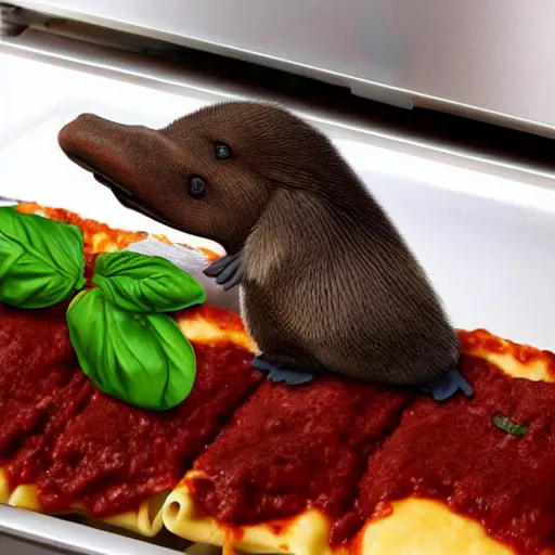 Image similar to platypus wearing a chef hat while putting a lasagna in an oven, with three basil leaves over the lasagna