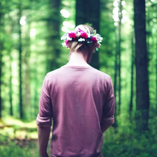 Image similar to kodak portra 4 0 0 photograph of a skinny blonde guy standing in a dark forest, back view, flower crown, moody lighting, telephoto, 9 0 s vibe, blurry background, vaporwave colors, faded!,