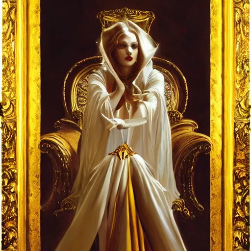 Image similar to perfectly centered portrait of beautiful vampire queen in gold gothic robe sitting on a throne of white bones, painting by gaston bussiere, craig mullins, j. c. leyendecker, 8 k, mid shot