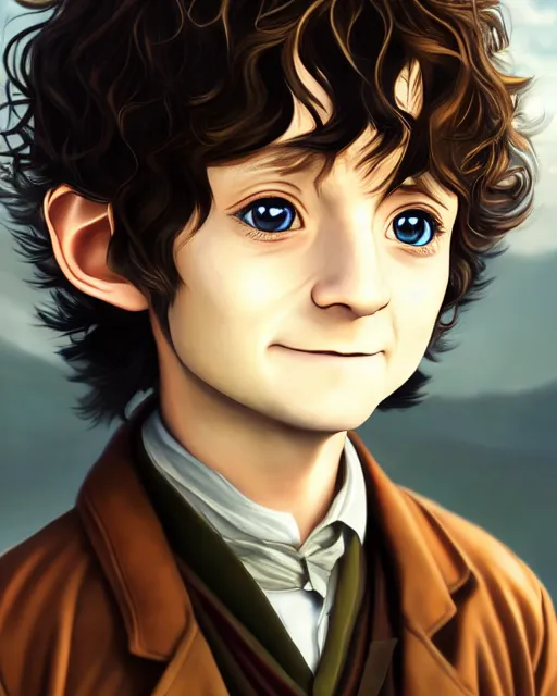 Image similar to portrait Anime joyful Hobbit Frodo Baggins; velvet brown jacket, backpack, Shire background || cute-fine-face, pretty face, realistic shaded Perfect face, fine details. Anime. realistic shaded lighting by Mark Arian