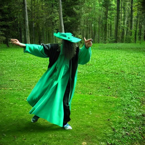 Prompt: a funky wizard dancing in a green glade