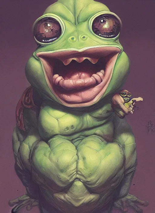 Image similar to Portrait of Pepe The Frog, marvel comics, dark, intricate, highly detailed, smooth, artstation, digital illustration by Ruan Jia and Mandy Jurgens and Artgerm and Wayne Barlowe and Greg Rutkowski and Frank Frazetta