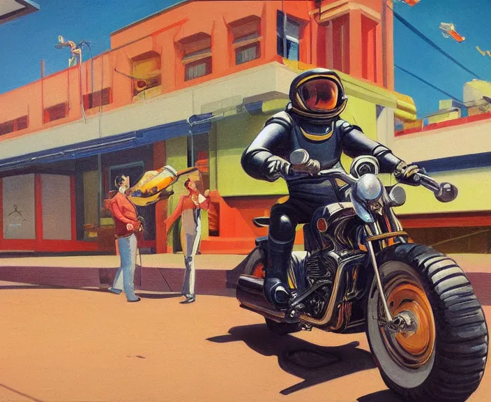 Image similar to a very detailed painting of a astronaut wearing a suit, riding a motorbike down a street, harley davidson motorbike, worm's - eye view, very fine brush strokes, very aesthetic, very futuristic, in the style of edward hopper and grant wood and syd mead, 4 k,