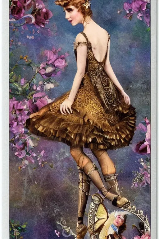 Prompt: beautiful digital oil vintage greeting card steampunk style ballerina key in back by Arthur Hughes
