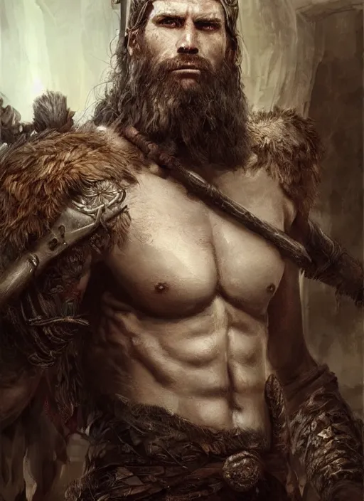 Image similar to realistic portrait painting of a male fantasy barbarian warrior, old mystic ruins, afternoon, intricate, elegant, highly detailed, digital painting, sharp, focus, by artgerm and greg rutkowski