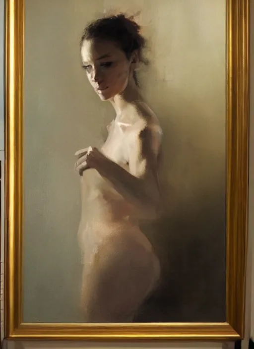 Image similar to beautiful portrait painting of a woman posing in an artistic pose holding her hair bun over a bed, by jeremy mann, only one head single portrait