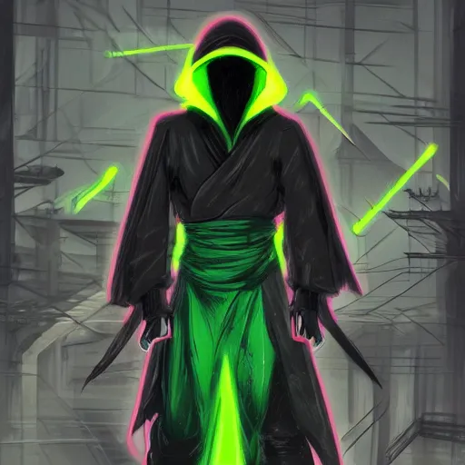 Prompt: concept artwork of a hooded ninja warrior in cyber and dark clothes, neon green lines, trending on artstation, 8 k 3 d full hd, by dan mumford, j. m. w. turner, franz xaver winterhalter