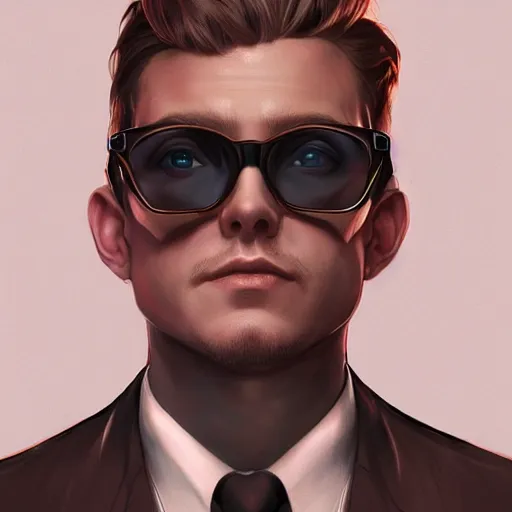 Prompt: character concept portrait, symmetrical head - on centralized, young man with black - tinted sunglasses, formal black suit. coding on pc, detailed, high quality, dynamic lightning, fantasy, scenematic. artwork by artgerm, wlop, alex ross, greg rutknowski, alphonse mucha