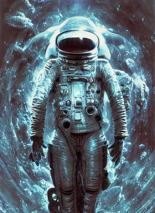 Image similar to astronaut in dark void underwater - complex and hyperdetailed technical suit design. reflection and dispersion materials. rays and dispersion of light. volumetric light. f / 3 2. noise film photo. flash photography. ultra realistic, 5 0 mm. poster by wayne barlowe, hajime sorayama aaron horkey, craig mullins