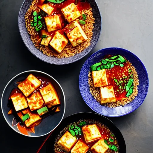Prompt: mouthwatering mapo tofu, food photography