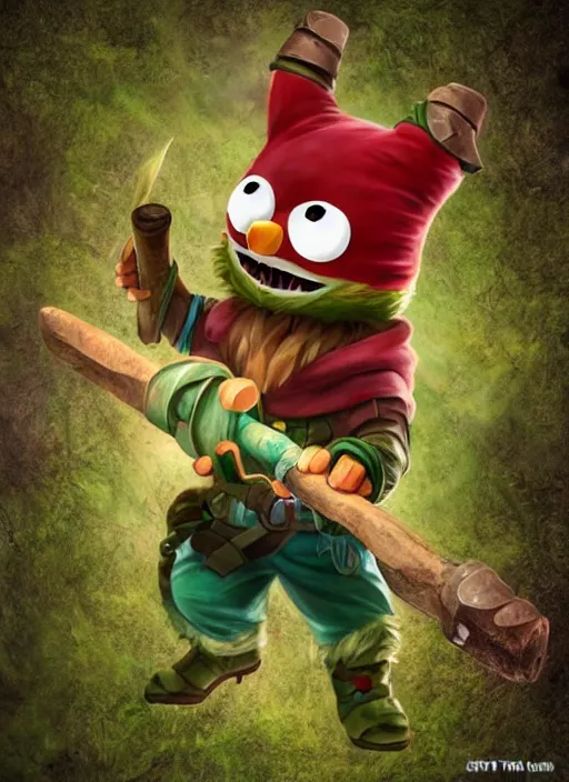 Image similar to still of Teemo from League of Legends in the style of Jim Henson, wielding an ax