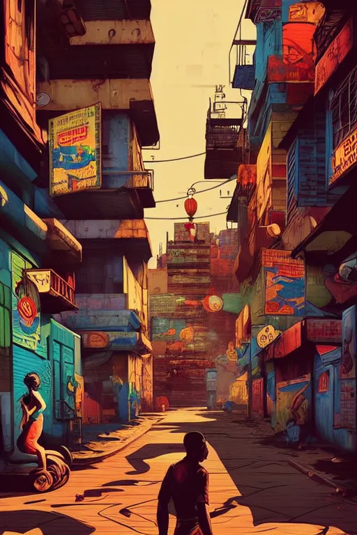 Prompt: slum neighbourhood. pop art, pixel, bioshock art style, gta chinatown art style, dynamic composition, sharp focus, intricate details, elegant, aesthetic, warm colour, art by artgerm and richard hamilton and mimmo rottela