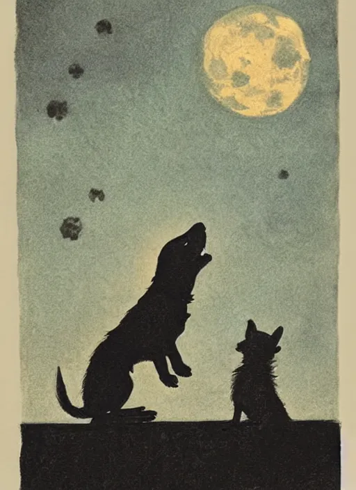 Image similar to small dog silhouette howling at the moon, illustrated by peggy fortnum and beatrix potter and sir john tenniel