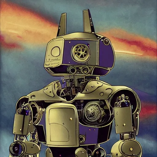 Image similar to a fullmetal wired robot is reading the forbidden intimate diary of sophia aeon, the background is the purple sunset over the gasometer in santiago of chile, oil on canvas by dave mckean and yoji shinkawa