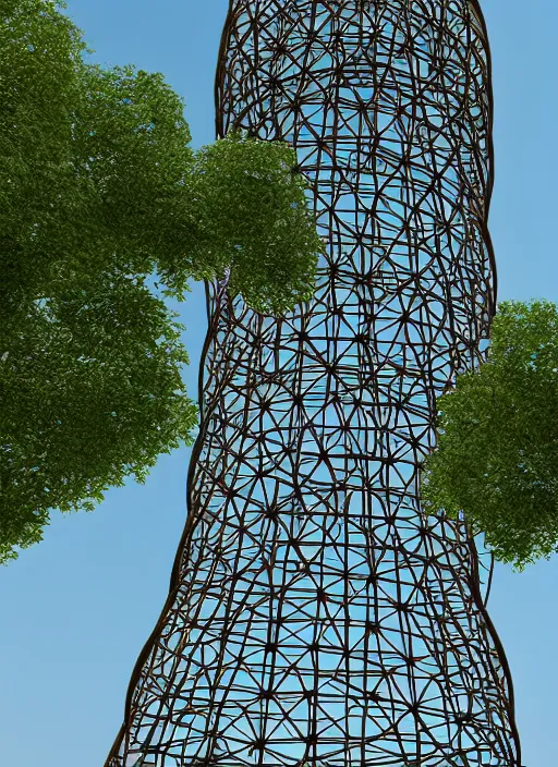 Image similar to highly detailed realistic architecture 3 d render of a stele shukhov tower with rouble inside standing in a city park, archdaily, made in unreal engine 4 octane render