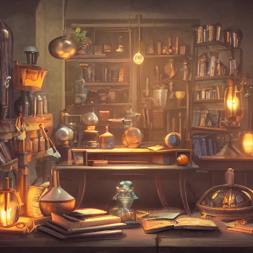 Image similar to a magical alchemists workshop full of strange equipment and books, highly detailed, diffused lighting, blender render, trending on artstation, 4 k, 8 k