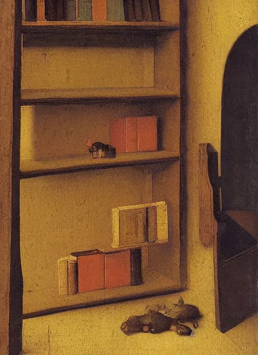 Image similar to bookshelf with children toys, medieval painting by jan van eyck, johannes vermeer, florence