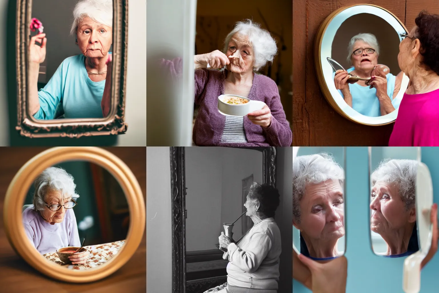 Prompt: stock photo of a lonely old lady spoonfeeding her own mirror image