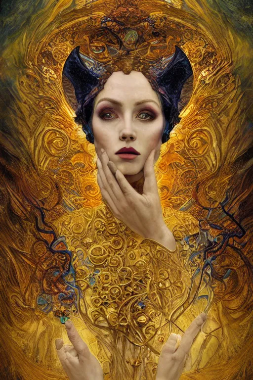 Image similar to Intermittent Chance of Chaos Muse by Karol Bak, Jean Deville, Gustav Klimt, and Vincent Van Gogh, beautiful inspiring portrait, enigma, Loki's Pet Project, destiny, Poe's Angel, fate, Surreality, inspiration, muse, otherworldly, fractal structures, arcane, ornate gilded medieval icon, third eye, spirals