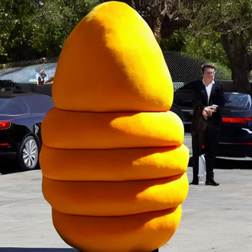 Image similar to photo of elon musk cosplaying as a mango fruit costume, highly detailed, extremely high quality, hd, 4 k, 8 k, professional photographer, 4 0 mp, lifelike, top - rated, award winning, cinematic, realistic, detailed lighting, detailed shadows, sharp, no blur, edited, corrected, trending