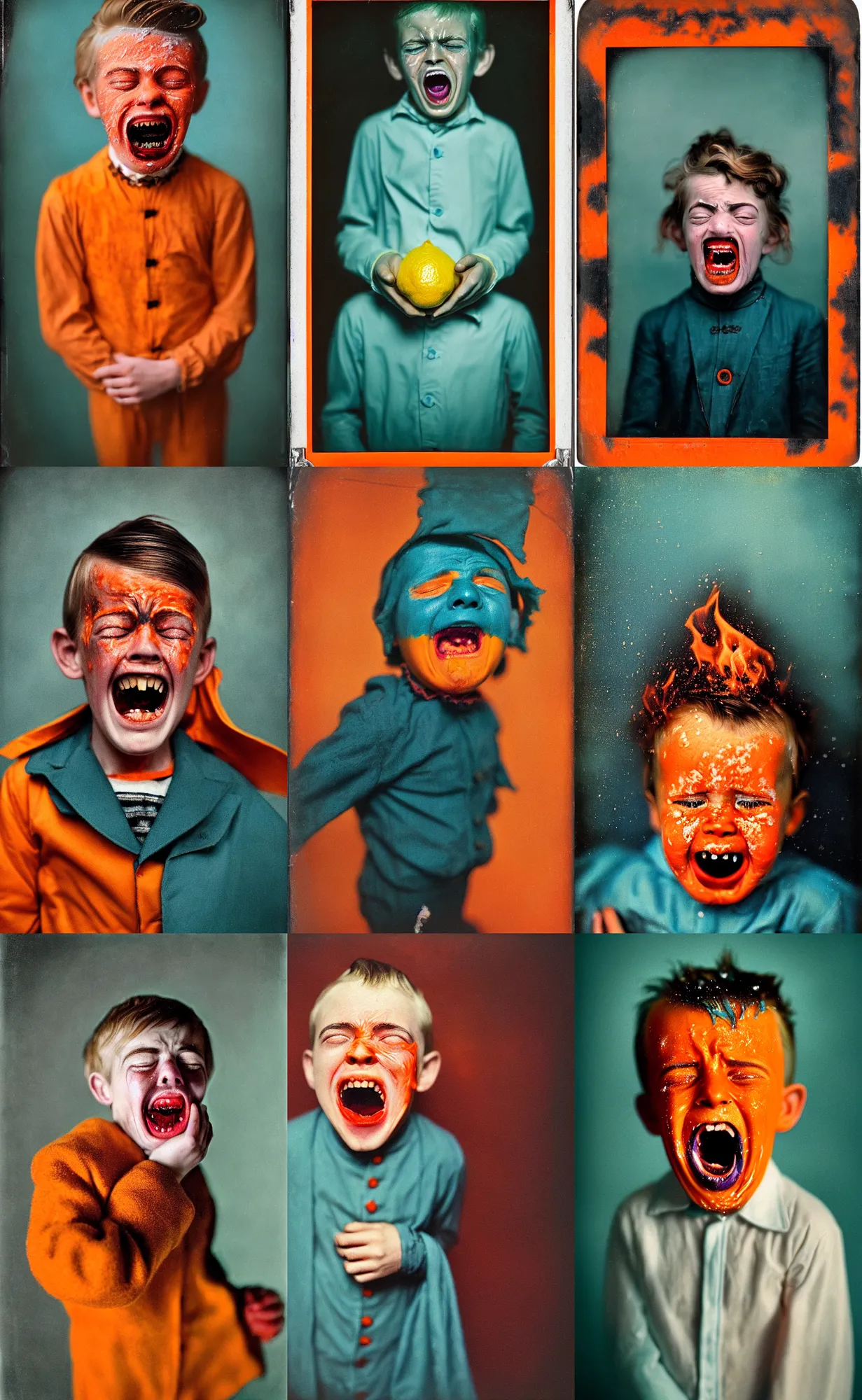 Image similar to kodak portra 4 0 0, wetplate, 8 k, shot of a highly detailed, britt marling style, colour still - life portrait of a lemon looks like a handsome screaming 8 year old crying boy in a dangerous snow hell fire storm, dracula teeth, 1 9 2 0 s cloth, 1 9 2 0 s hair, teal and orange, muted coloures