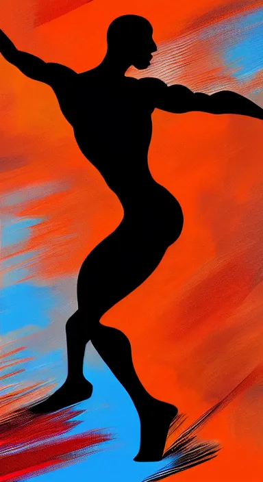 Image similar to black background, a thin, athletic physique man's body made of abstract, thick flowing dramatic bright brush strokes, no face, strong wind, matte colors, impressionist, extreme motion, trending on artstation