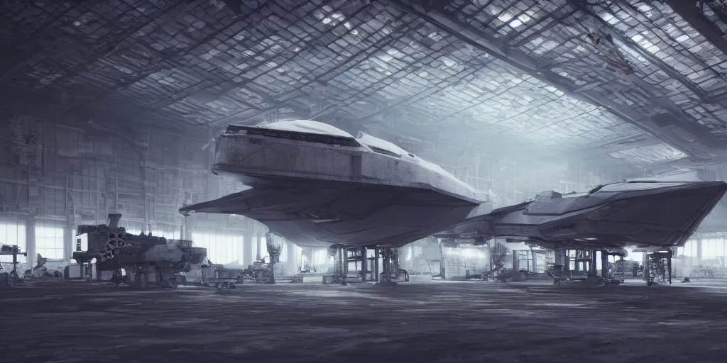 Image similar to space ship battle cruiser in the repair hangar, shallow depth of field, moody lighting, single point of light, 8 k, ultra realistic, octane render,