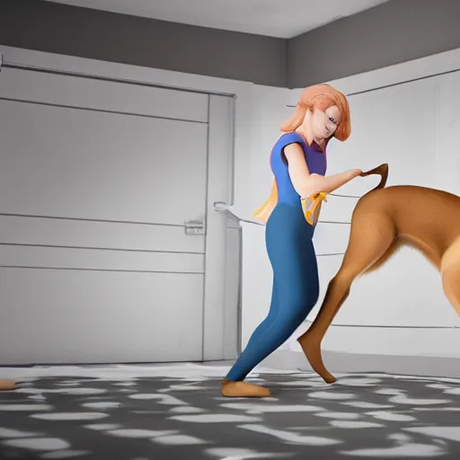 Image similar to still of woman working on her dog's clothing line, in the style of disney, comic book style, the dog is doing a ballet dance, highly detailed, 8k resolution, octane renderer