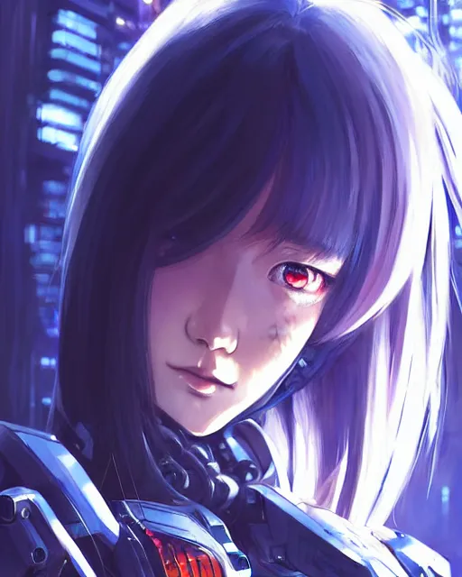 Image similar to portrait Anime Girl in mecha armor in night tokyo Sharp fine face pretty face, realistic shaded Perfect face, fine details. Anime. cyberpunk realistic shaded lighting by katsuhiro otomo ghost-in-the-shell, magali villeneuve, artgerm, rutkowski Jeremy Lipkin and Giuseppe Dangelico Pino and Michael Garmash and Rob Rey