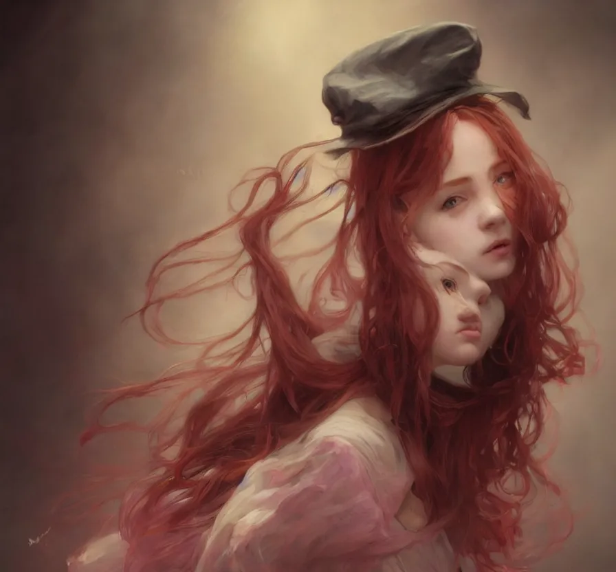 Prompt: realistic, portrait, centered, dramatic, fantasy, render of a redhead young girl, with a pink wool street hat on her head, by wlop, artgerm, greg rutkowski, alphonse mucha, beautiful dynamic, dramatic, dark, moody lighting, shadows, cinematic atmosphere, artstation, concept design art, octane render, 8 k