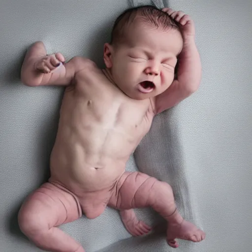 Prompt: a beefed up extremely muscular newborn little baby in a crib, steroids, rippling muscles, huge veins, bulging muscles, ripped, flexing, intense expression, award winning photography, high detail