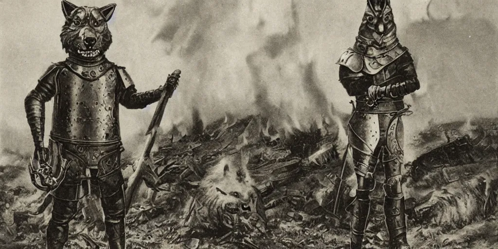 Image similar to anthropomorphic furry wolf in armor standing in front of a burning village, 1900s picture