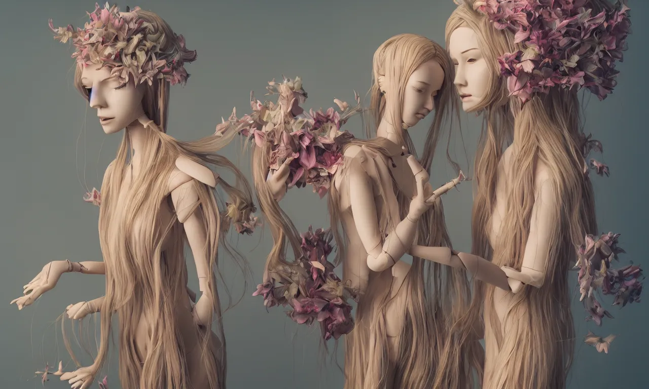 Image similar to a portrait of a beautiful female mannequin, a jointed wooden art doll with long flowing hair, holding each other, big lilies, big moths, lily flowers, by Beeple, trending on Artstation, highly detailed, volumetric lighting, digital painting