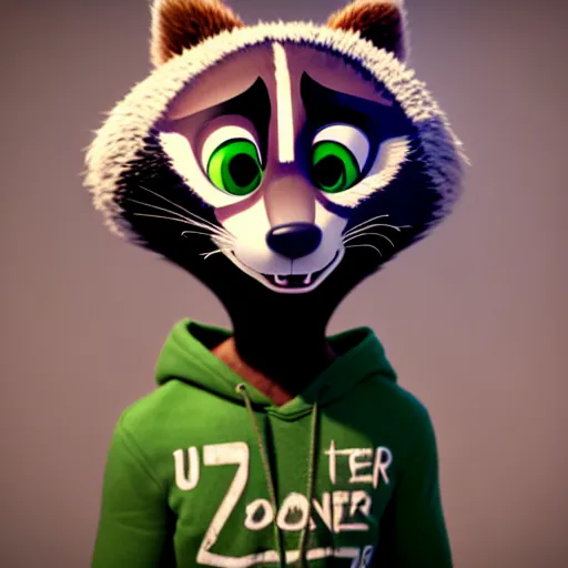 Image similar to a stoner with a black hoodie on with a marijuana themed dark green raccoon head from zootopia, 3 d, blender 3 d, render, extremely detailed, 8 k, stoned red eyes