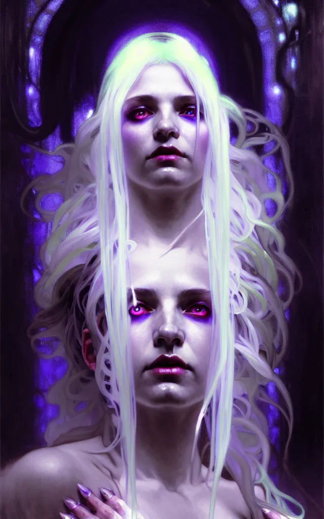 Prompt: hyperrealist portrait of a dark fairy with white hair and neon eyes, wearing a long robes that fall like stars, by jeremy mann and alphonse mucha, fantasy art, photo realistic, dynamic lighting, artstation, poster, volumetric lighting, very detailed faces, 8 k, award winning