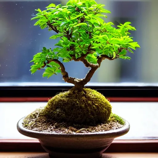 Prompt: a small kokedama on a plate in a kitchen next to a window, a small red momiji bonsai is growing from the top of the kokedama, beautiful lighting, cinematic, high detail,