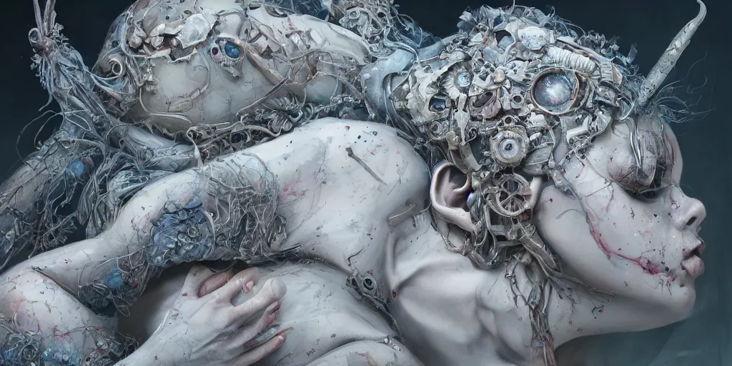 Prompt: hyperrealistic splatterpunk photography of a highly detailed and symmetrical gorgeous cyborg nymph asleep in the style of beth cavener, jin kagetsu, james jean and wlop, highly detailed, face symmetry, masterpiece, award - winning, sharp focus, intricate concept art, ambient lighting, 8 k, artstation