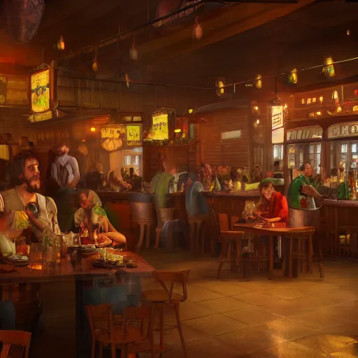 Image similar to Matte painting of a busy tavern, volumetric lighting, high details, 4k, photo realistic