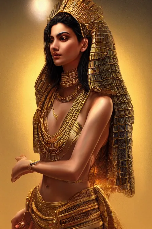 Image similar to Saba Mubarak as egyptian princess, gorgeous, portrait, powerful, intricate, beautiful, masterpiece, elegant, volumetric lighting, digital painting, highly detailed, artstation, sharp focus, illustration, Hajime sorayama, ruan jia