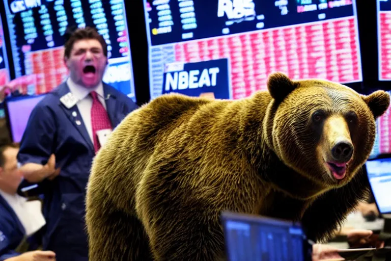 Image similar to bears screaming on the floor of the NYSE as the markets rally to all-time-highs, high definition color photograph