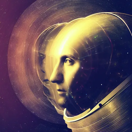 Prompt: double exposure portrait of astronaut and space and time in the the background by davinci, circles, psychedelic, pencil art, high definition, dynamic lighting stars, sharpness, golden ratio