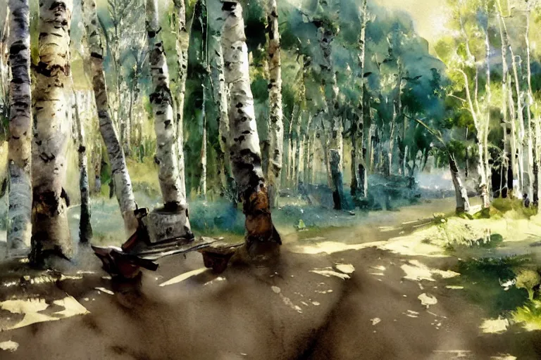 Prompt: paint brush strokes, abstract watercolor painting of swedish village, birch trees, art by hans dahl, by jesper ejsing, art by anders zorn, wonderful masterpiece by greg rutkowski, cinematic light, american romanticism by greg manchess, creation by tyler edlin