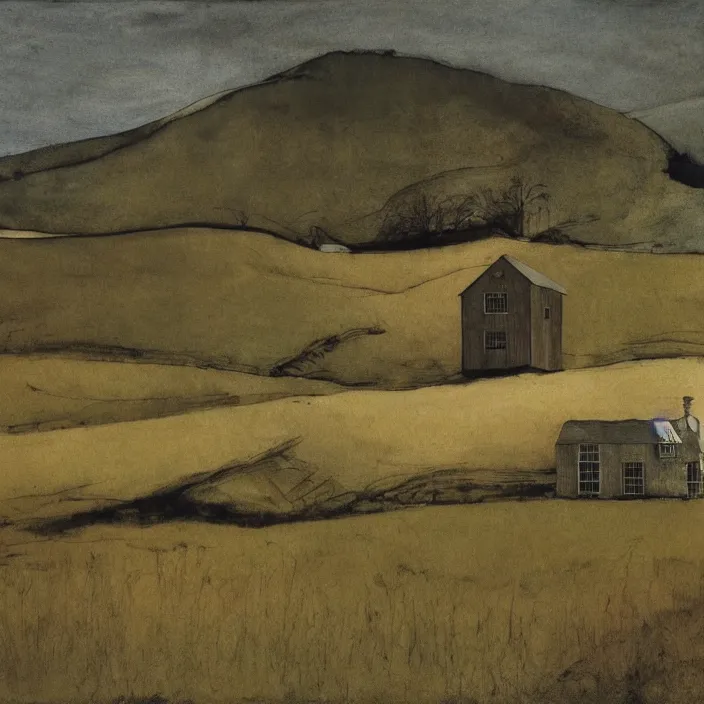 Image similar to a building in a landscape, by andrew wyeth