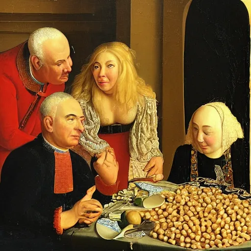 Prompt: painting of crouching Sara Netanyahu throwing peanuts at Benjamin Netanyahu, by Jan Van Eyck