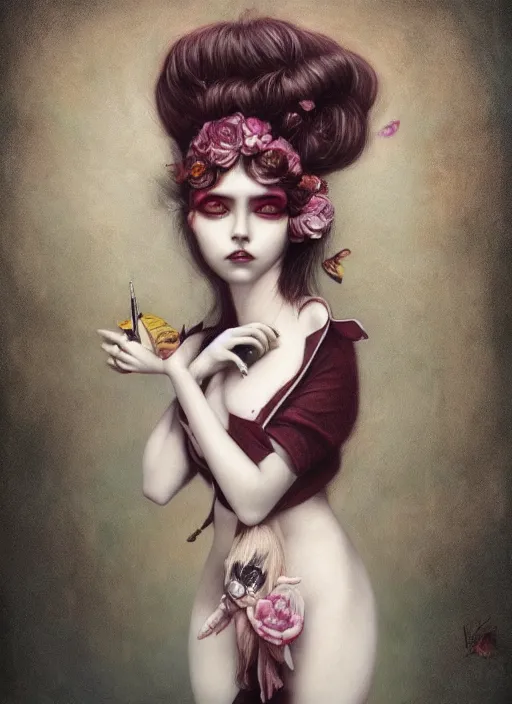 Image similar to pop surrealism, lowbrow art, realistic cute girl painting, japanese street fashion, hyper realism, muted colours, rococo, natalie shau, loreta lux, tom bagshaw, mark ryden, trevor brown style,