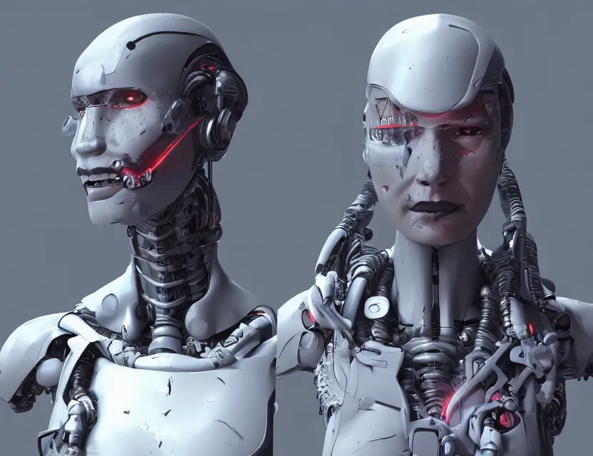 Image similar to cinematic bust portrait of robo! - cyborg!! granny!, a scarf tied on the head, by jean giraud, trending artstaition, unreal engine